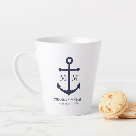 Nautical Navy Blue Anchor Wedding カフェラテマグ (インサイチュ)