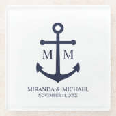 Nautical Navy Blue Anchor Wedding ガラスコースター (正面)