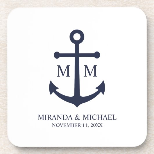 Nautical Navy Blue Anchor Wedding コースター (正面)