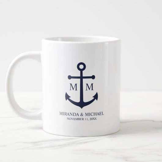 Nautical Navy Blue Anchor Wedding ジャンボコーヒーマグカップ (左)