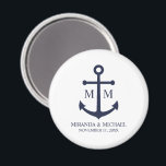 Nautical Navy Blue Anchor Wedding マグネット<br><div class="desc">Add a stylish touch to your nautical wedding with this classic navy blue anchor wedding favor. Designed with a navy blue anchor illustration, it features personalized bride and groom monogram, name, and wedding date in a navy blue serif font on a white background. Perfect for nautical weddings, beach weddings and...</div>