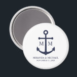 Nautical Navy Blue Anchor Wedding マグネット<br><div class="desc">Add a stylish touch to your nautical wedding with this classic navy blue anchor wedding favor. Designed with a navy blue anchor illustration, it features personalized bride and groom monogram, name, and wedding date in a navy blue serif font on a white background. Perfect for nautical weddings, beach weddings and...</div>