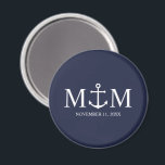 Nautical Navy Blue Anchor Wedding マグネット<br><div class="desc">Add a stylish touch to your nautical wedding with this classic navy blue anchor wedding favor. Designed with a white anchor illustration, it features personalized bride and groom monogram, name, and wedding date in a white serif font on a navy blue background. Perfect for nautical weddings, beach weddings and more....</div>