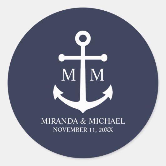 Nautical Navy Blue Anchor Wedding ラウンドシール (正面)