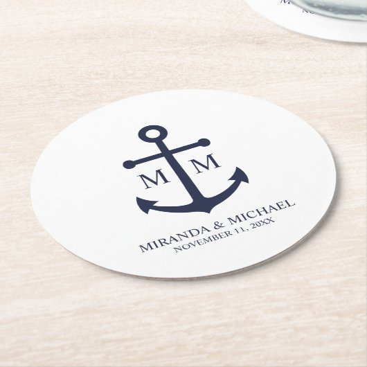 Nautical Navy Blue Anchor Wedding ラウンドペーパーコースター (アングル)