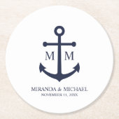 Nautical Navy Blue Anchor Wedding ラウンドペーパーコースター (正面)