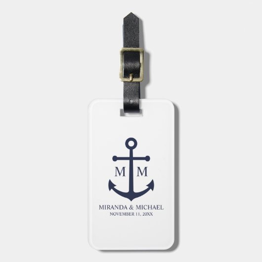 Nautical Navy Blue Anchor Wedding ラゲッジタグ (正面縦)