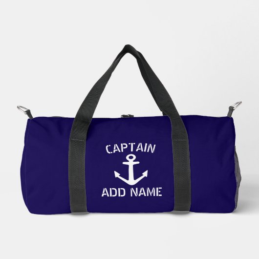 Nautical navy blue and white boat anchor logo ダッフルバッグ (正面)