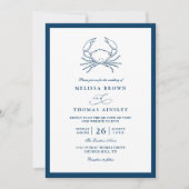 Nautical Navy Blue Crab Beach QR Code Wedding 招待状 (正面)