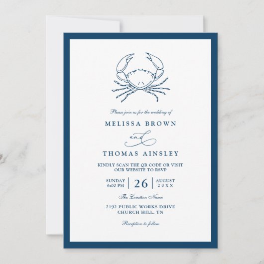 Nautical Navy Blue Crab Beach QR Code Wedding 招待状 (正面)