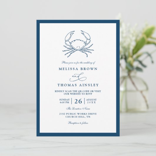 Nautical Navy Blue Crab Beach QR Code Wedding 招待状 (スタンド正面)