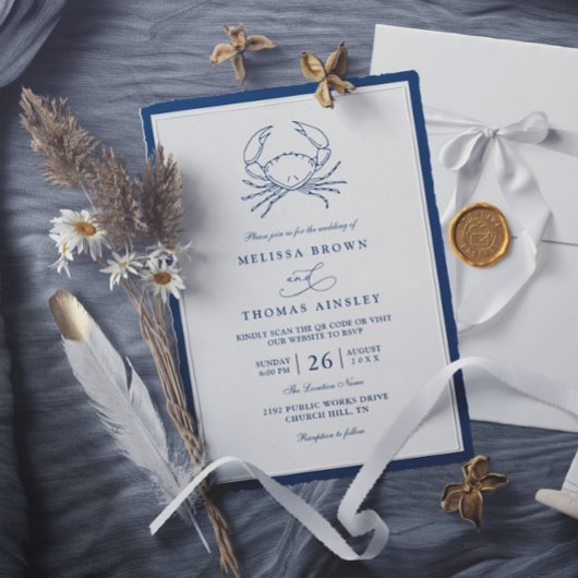 Nautical Navy Blue Crab Beach QR Code Wedding 招待状