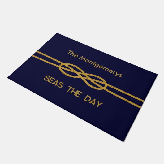Nautical Navy Blue Gold Rope Custom Names ドアマット (アングル)
