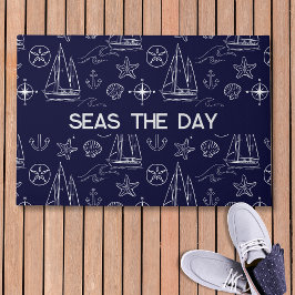Nautical Navy Blue Sailboat Pattern ドアマット