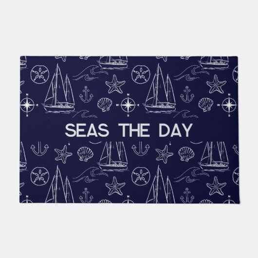 Nautical Navy Blue Sailboat Pattern ドアマット (正面)