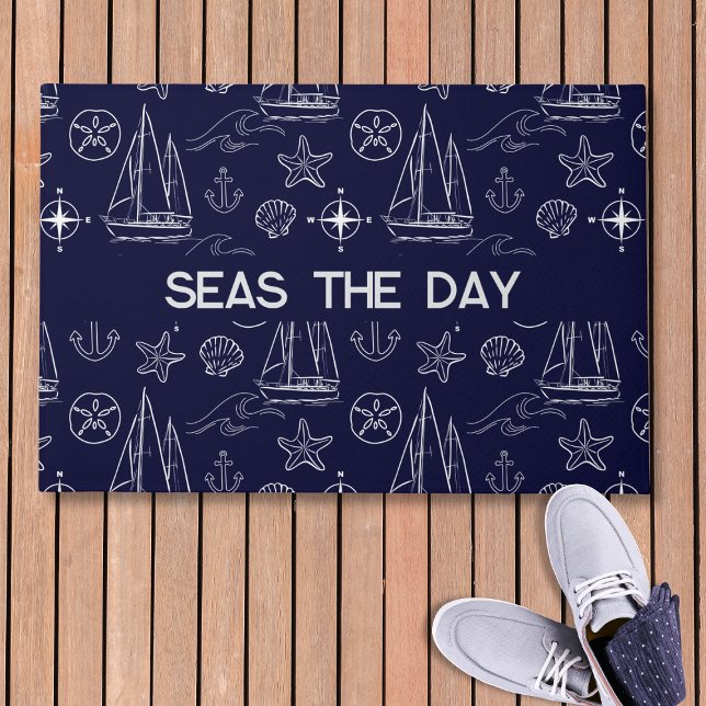 Nautical Navy Blue Sailboat Pattern Name  ドアマット (クリエイターアップロード済み)