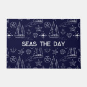 Nautical Navy Blue Sailboat Pattern Name  ドアマット (正面)