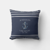 Nautical Navy Blue Striped Anchor Lake House クッション (正面)