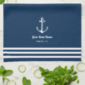 Nautical Navy Blue Welcome Aboard Boat Name Anchor キッチンタオル (折り畳み)
