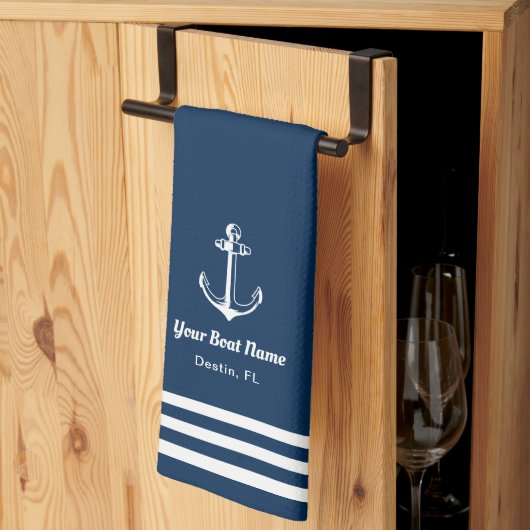 Nautical Navy Blue Welcome Aboard Boat Name Anchor キッチンタオル (三つ折り)