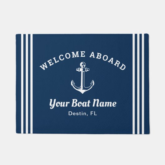 Nautical Navy Blue Welcome Aboard Boat Name Anchor ドアマット (正面)