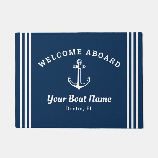 Nautical Navy Blue Welcome Aboard Boat Name Anchor ドアマット (正面)