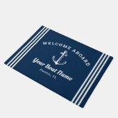 Nautical Navy Blue Welcome Aboard Boat Name Anchor ドアマット (アングル)