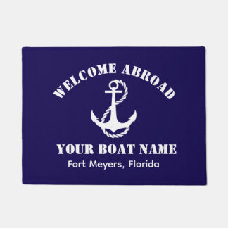 Nautical Navy Blue Welcome Aboard Boat Name Anchor ドアマット