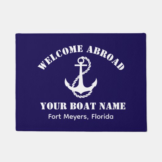 Nautical Navy Blue Welcome Aboard Boat Name Anchor ドアマット (正面)
