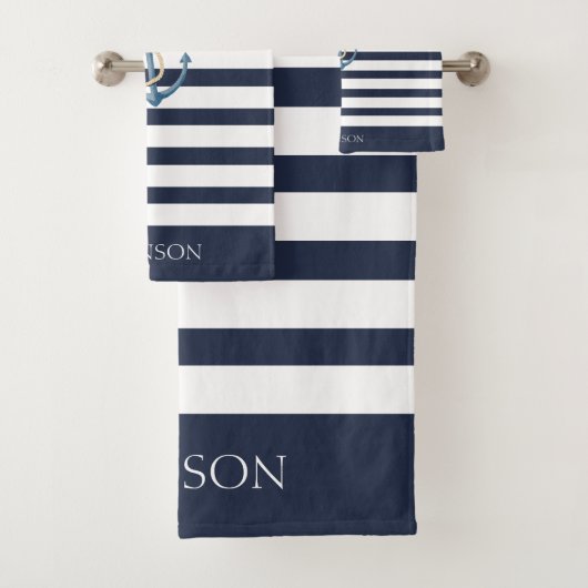 Nautical Navy Blue White Striped Anchor バスタオルセット (インサイチュ)