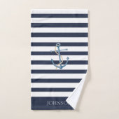 Nautical Navy Blue White Striped Anchor バスタオルセット (ハンドタオル)