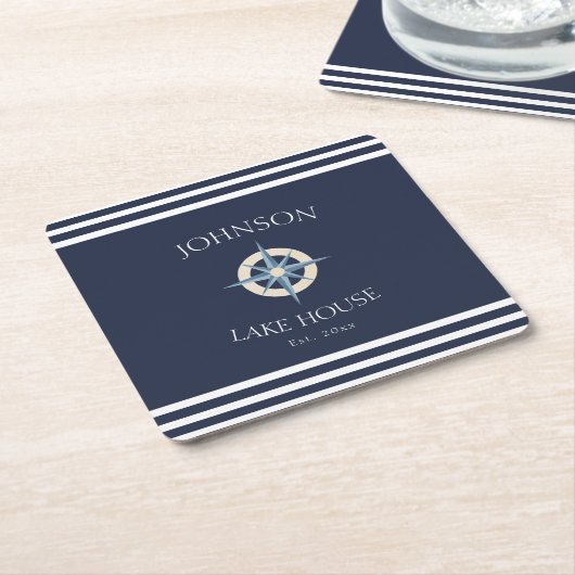 Nautical Navy Compass Stripe Lake House スクエアペーパーコースター (アングル)