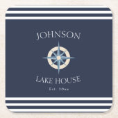 Nautical Navy Compass Stripe Lake House スクエアペーパーコースター (正面)