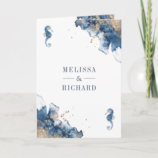 Nautical Navy Monogram Ampersand QR Code Wedding 招待状 (正面)