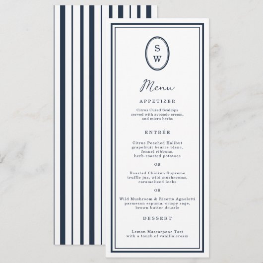 Nautical Navy Monogram Long Wedding Menu Card 招待状 (正面/裏面)