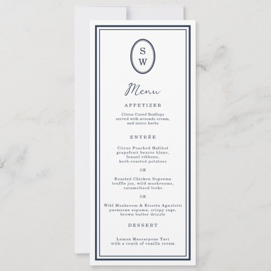 Nautical Navy Monogram Long Wedding Menu Card 招待状 (正面)