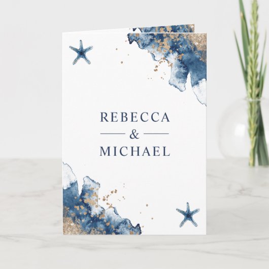 Nautical Navy Starfish All in One QR Code Wedding 招待状 (正面)