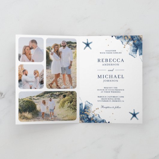 Nautical Navy Starfish All in One QR Code Wedding 招待状 (内部)