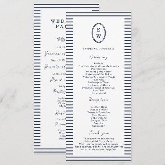 Nautical Navy Stripe Classic Wedding Program Card 招待状 (正面/裏面)