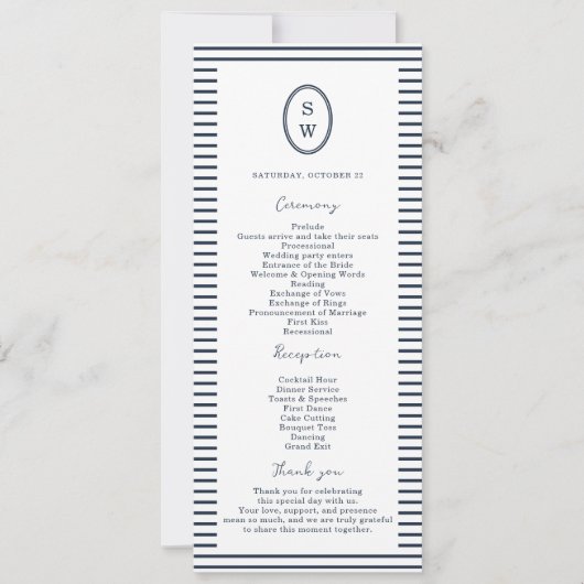 Nautical Navy Stripe Classic Wedding Program Card 招待状 (正面)