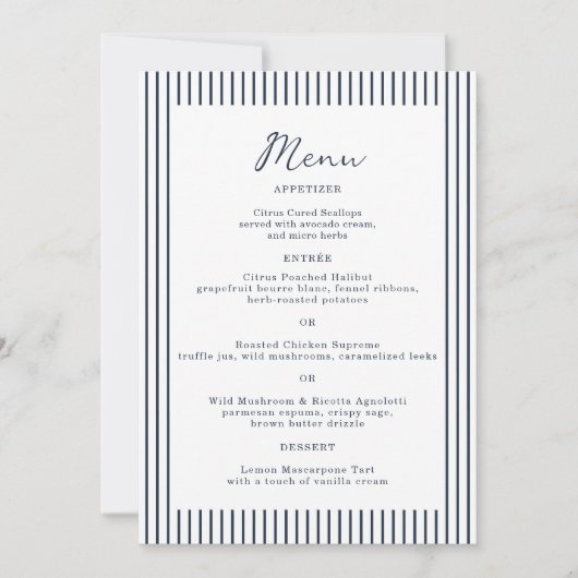 Nautical Navy Stripe Monogram Wedding Menu Card 招待状 (正面)