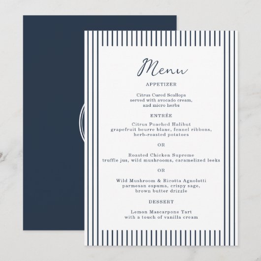 Nautical Navy Stripe Monogram Wedding Menu Card 招待状 (正面/裏面)