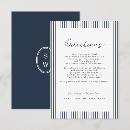 Nautical Navy Stripe Wedding Directions Card エンクロージャーカード (正面/裏面)