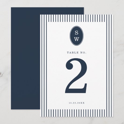 Nautical Navy Stripe Wedding Table Number Card 招待状 (正面/裏面)