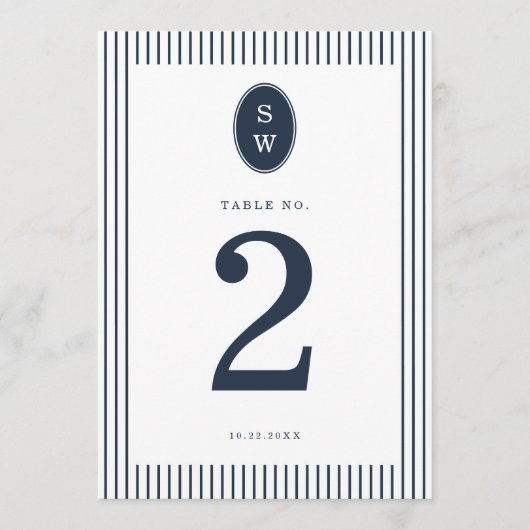 Nautical Navy Stripe Wedding Table Number Card 招待状 (正面)