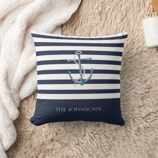 Nautical Navy Striped Anchor Coastal クッション (ブランケット)