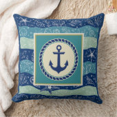 Nautical Navy & Teal Anchor Sea Shells Pattern クッション (ブランケット)