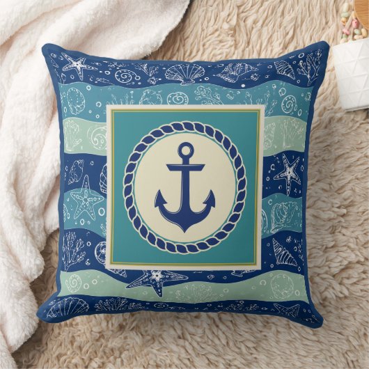 Nautical Navy & Teal Anchor Sea Shells Pattern クッション (ブランケット)