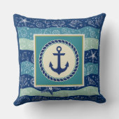 Nautical Navy & Teal Anchor Sea Shells Pattern クッション (裏面)