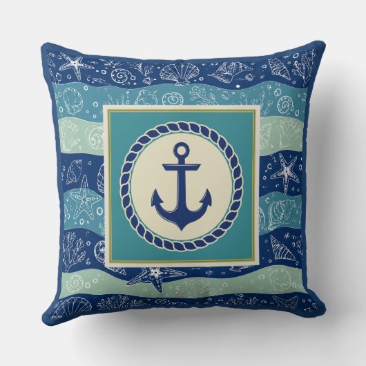 Nautical Navy & Teal Anchor Sea Shells Pattern クッション (裏面)